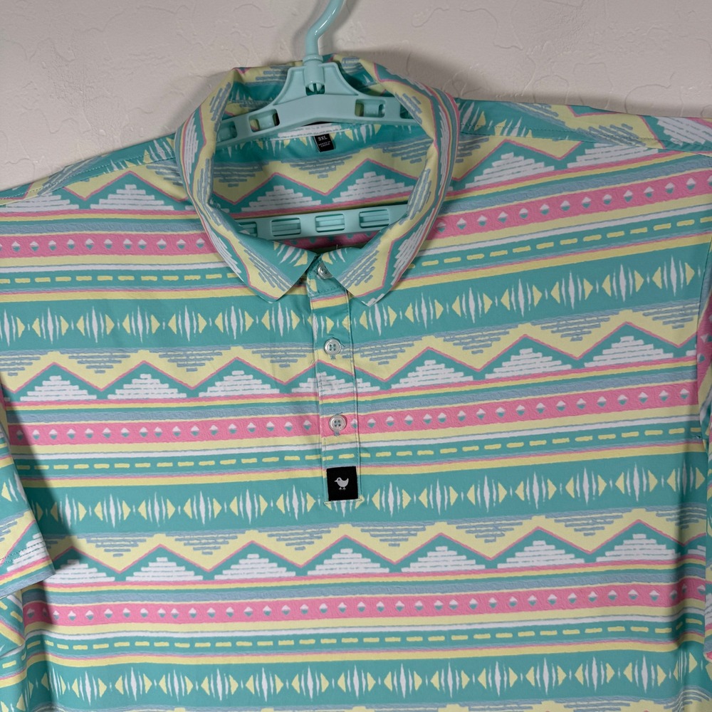 Bad Birdie Polo Shirt Mens 3XL Green Geometric Aztec Golf Performance Casual